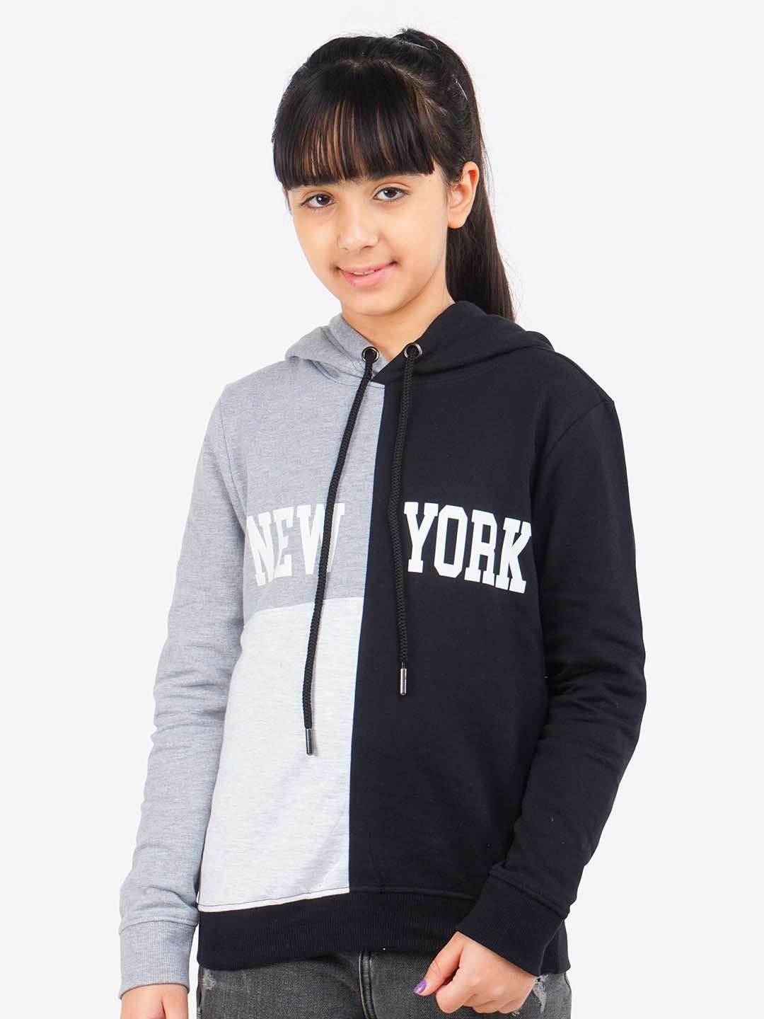 

ariel Girls Colourblocked Hooded Cotton Pullover, Grey