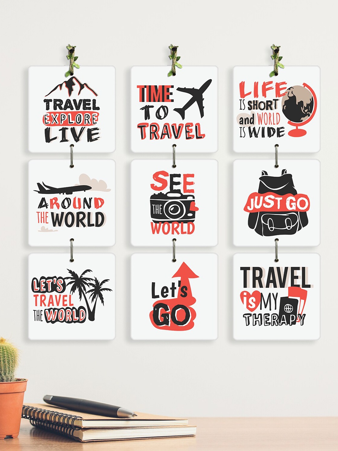 RANDOM White & Black 9 Pieces Travel Quotes Wooden Square Wall Hanging