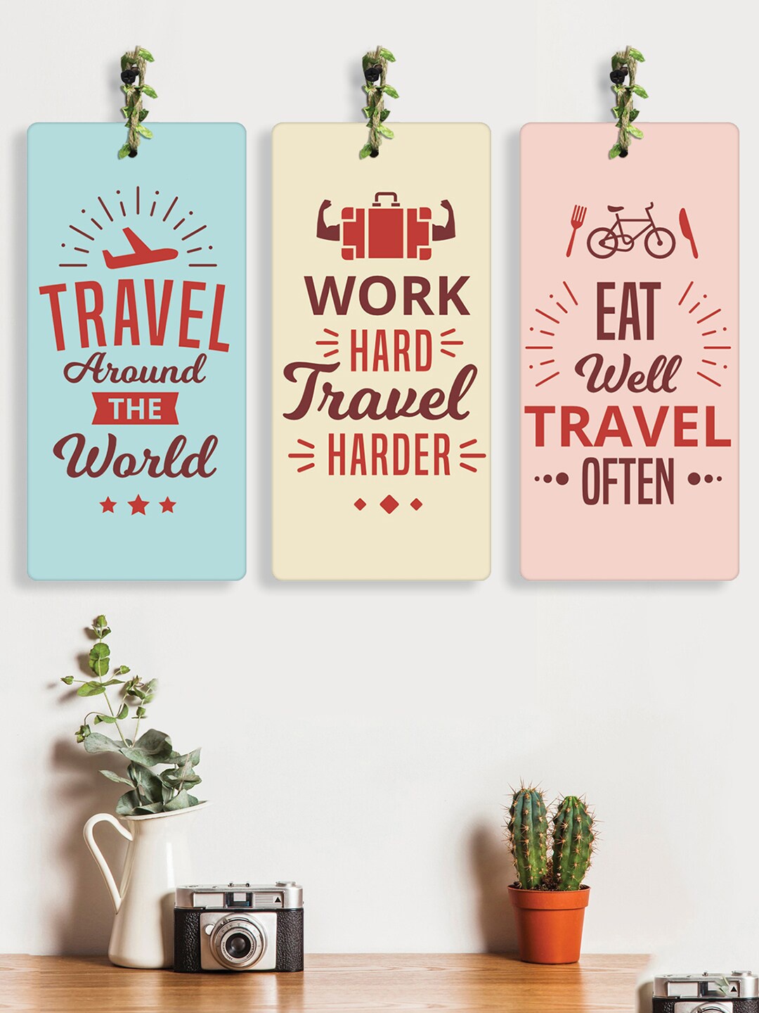 

RANDOM Blue & Peach 3 Pieces Travel Quote Wooden Rectangle Wall Hanging