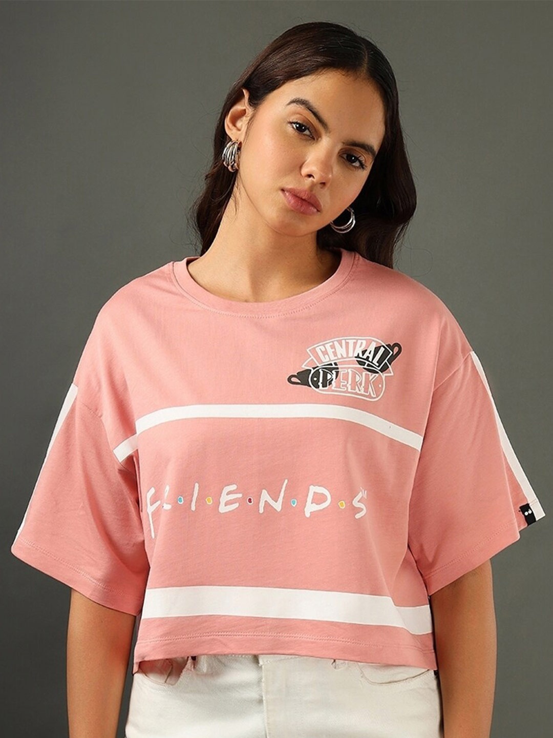 Bewakoof Heavy Duty 1.0 Women Friends Gang Logo Graphic Printed Oversized Short Top, Pink