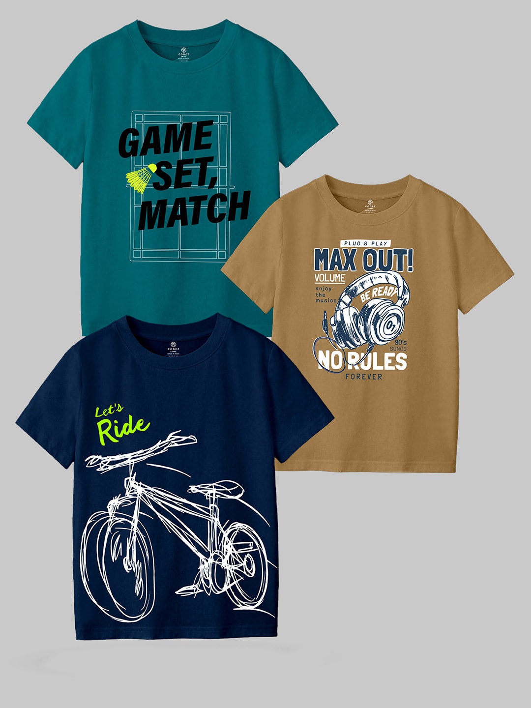 

CODEZ Boys Pack Of 3 Typographic Printed Cotton T-shirt, Navy blue