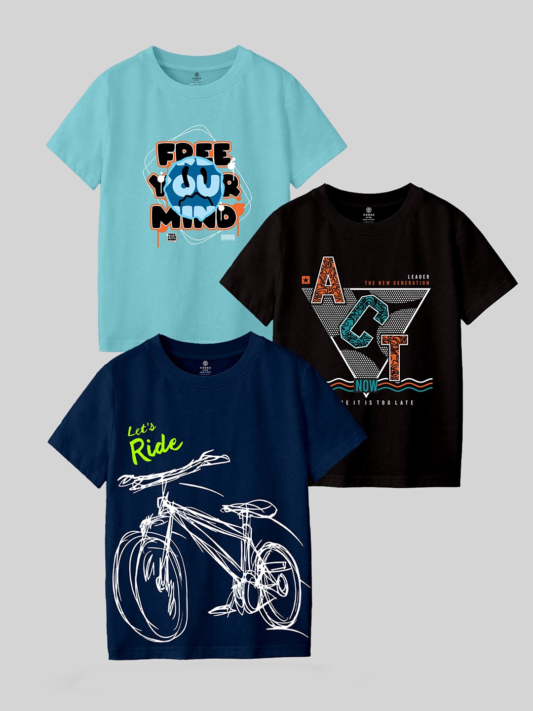 

CODEZ Boys Pack Of 3 Typographic Printed Cotton T-shirt, Navy blue