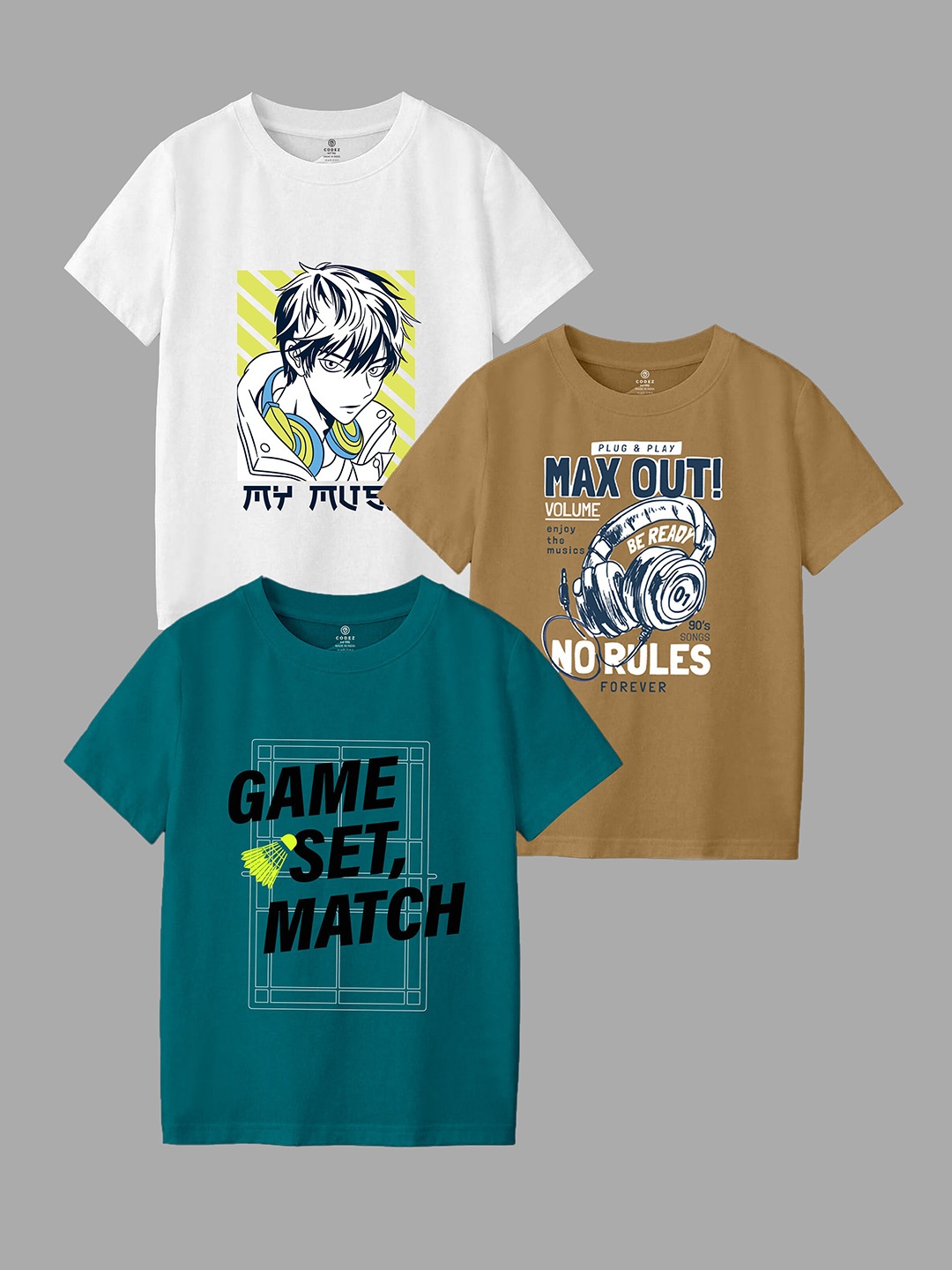

CODEZ Boys Pack Of 3 Typographic Printed Cotton T-shirt, Teal