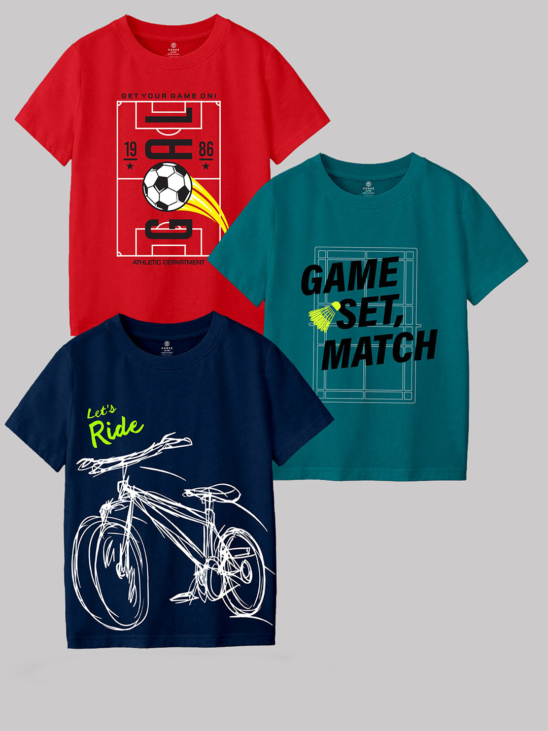 

CODEZ Boys Pack Of 3 Typographic Printed Cotton T-shirt, Navy blue