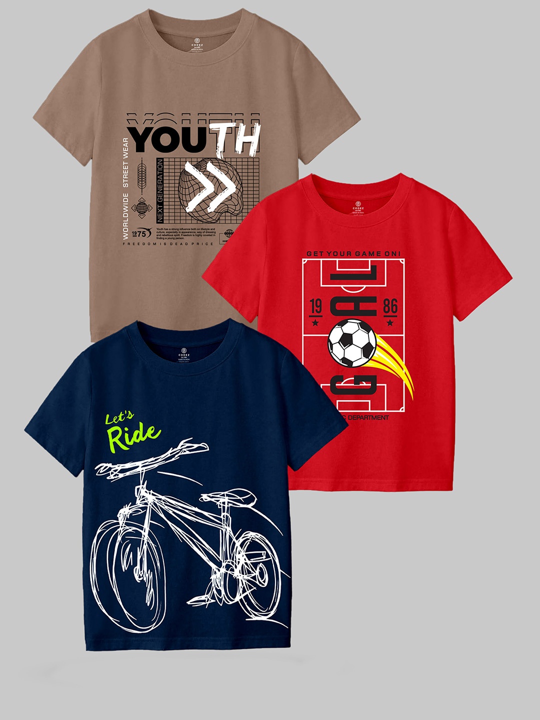 

CODEZ Boys Pack Of 3 Typographic Printed Cotton T-shirt, Navy blue