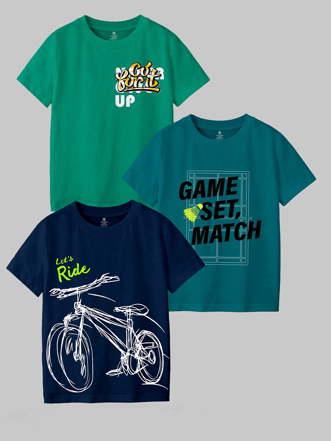 

CODEZ Boys Pack Of 3 Typographic Printed Cotton T-shirt, Navy blue