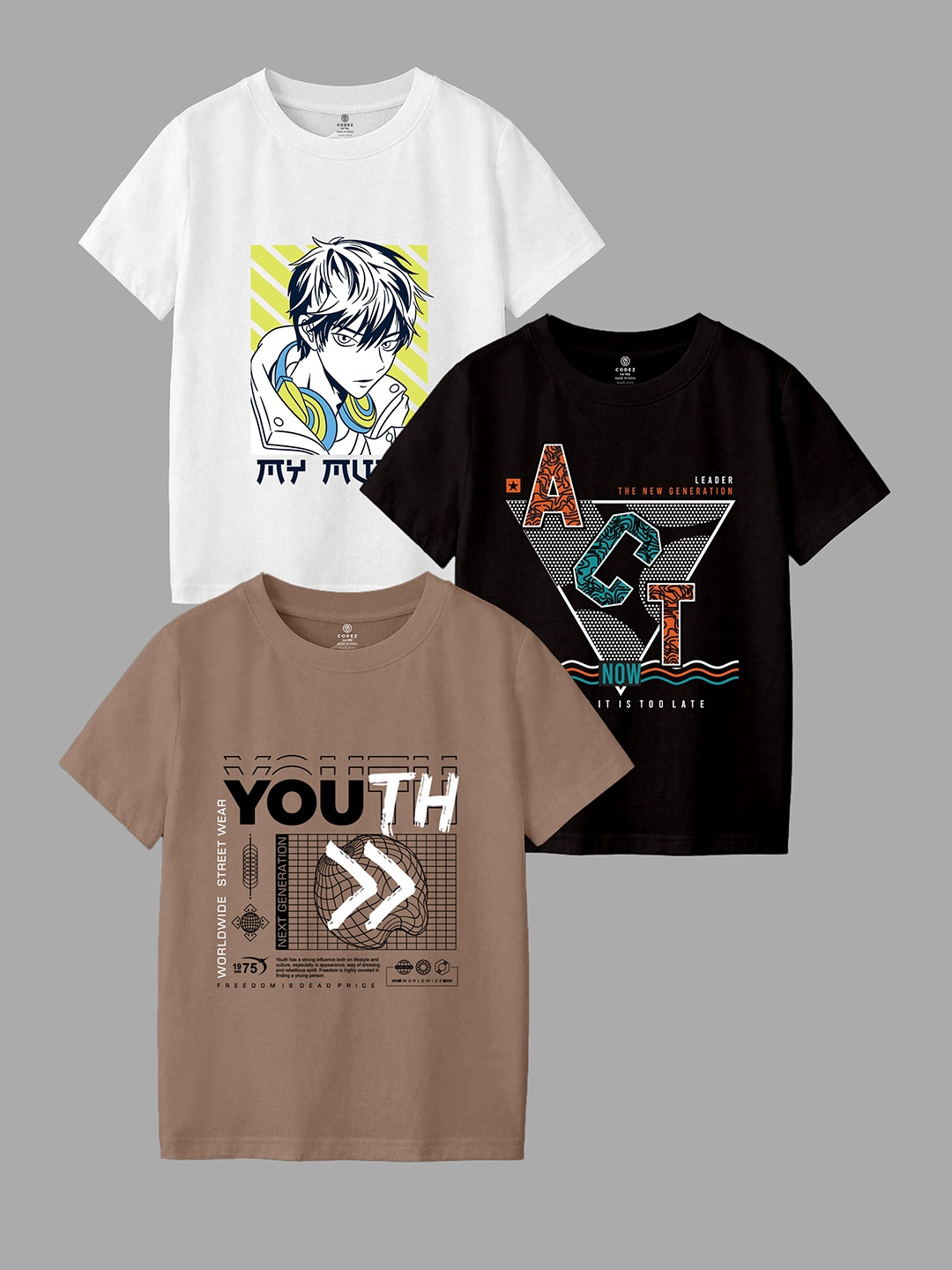 

CODEZ Boys Pack Of 3 Typographic Printed Cotton T-shirt, Brown