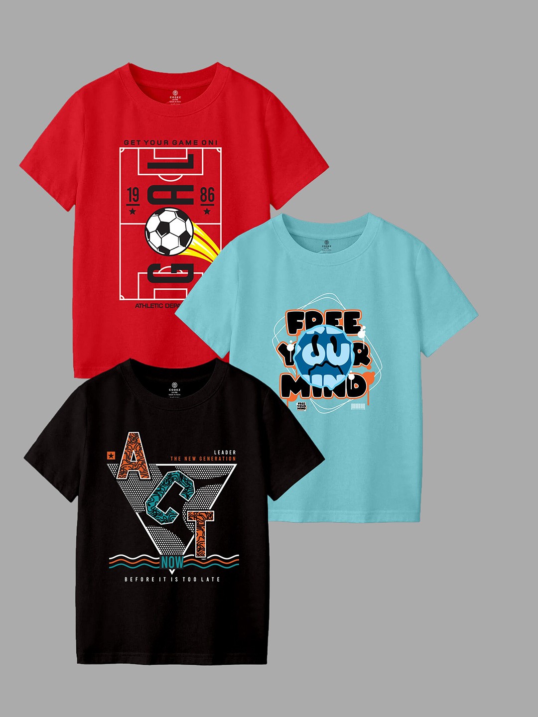 

CODEZ Boys Pack Of 3 Typographic Printed Cotton T-shirt, Black