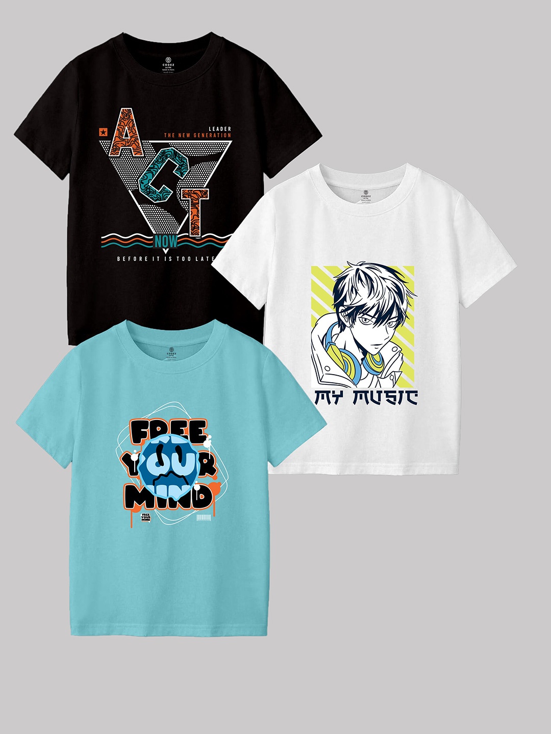 

CODEZ Boys Pack Of 3 Typographic Printed Cotton T-shirt, Blue