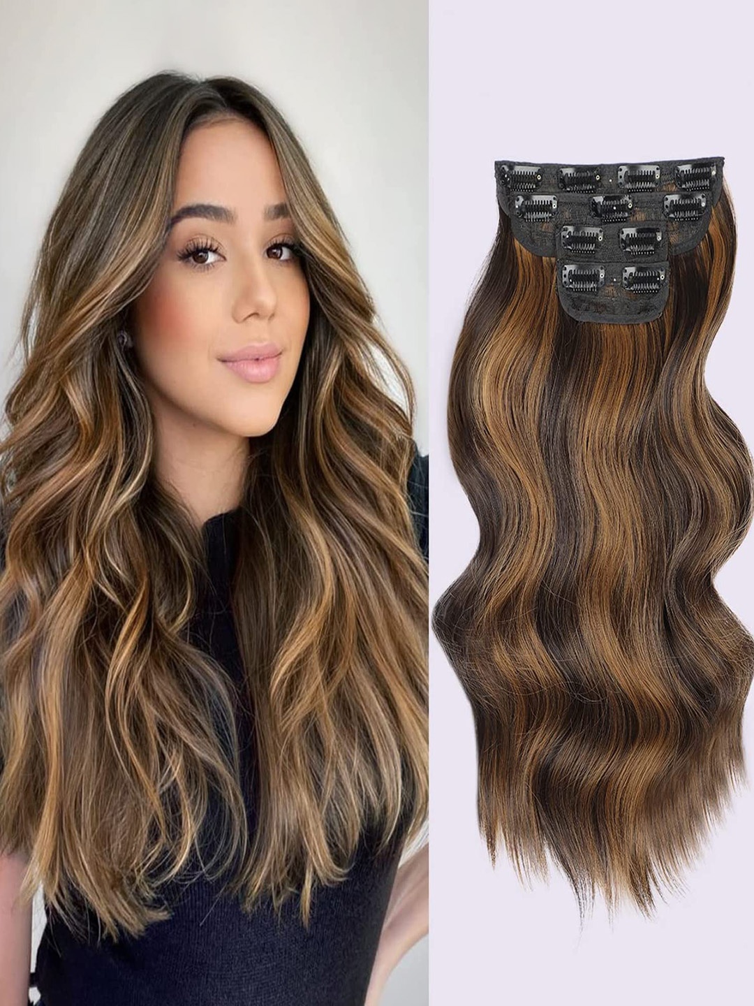 

VAGHBHATT Clip-in Full Head Curly Wavy Highlight Hair Extensions - Brown 06