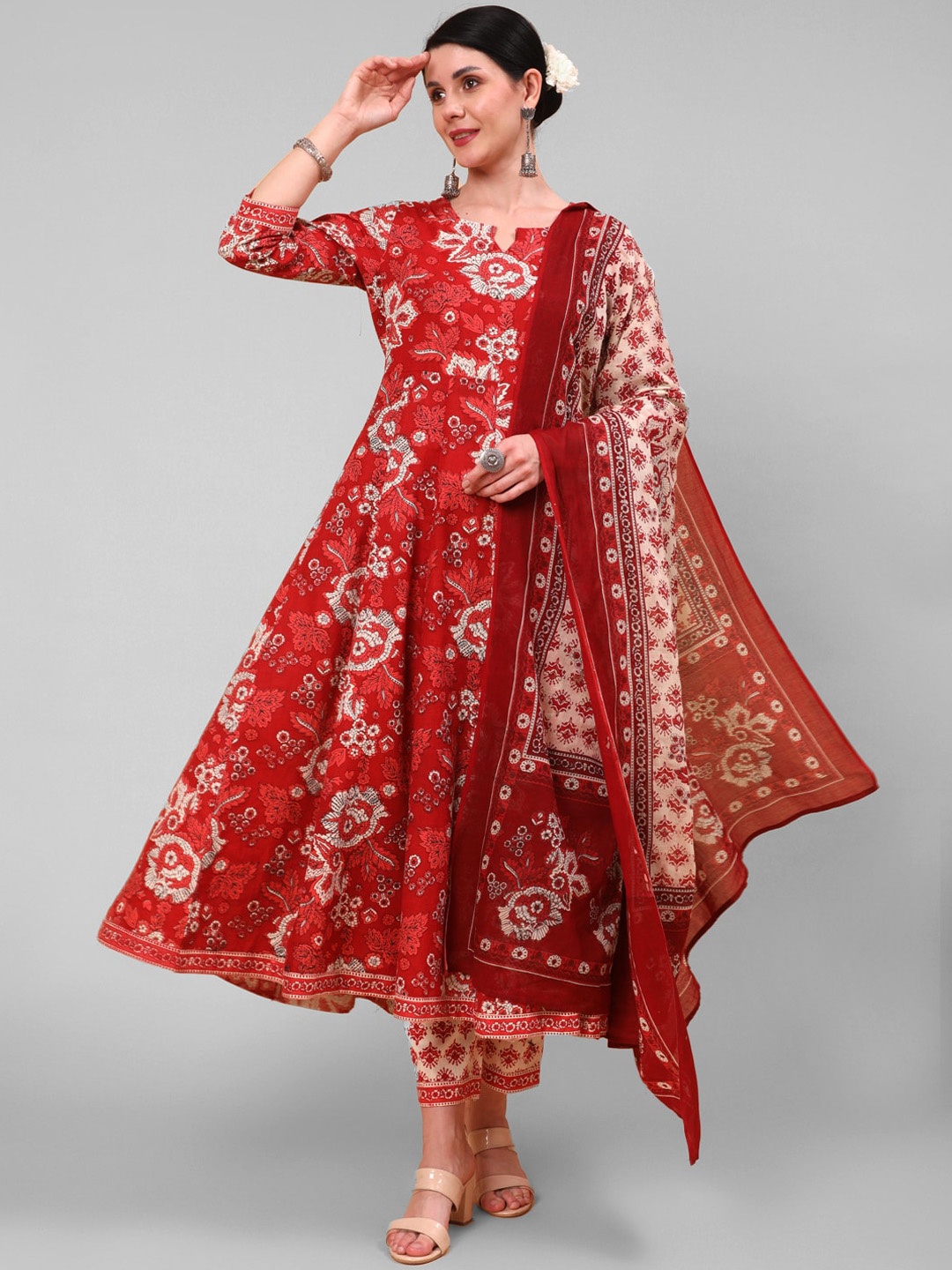 

AADAT Floral Printed Pure Cotton Anarkali Kurta With Palazzos & Dupatta, Maroon