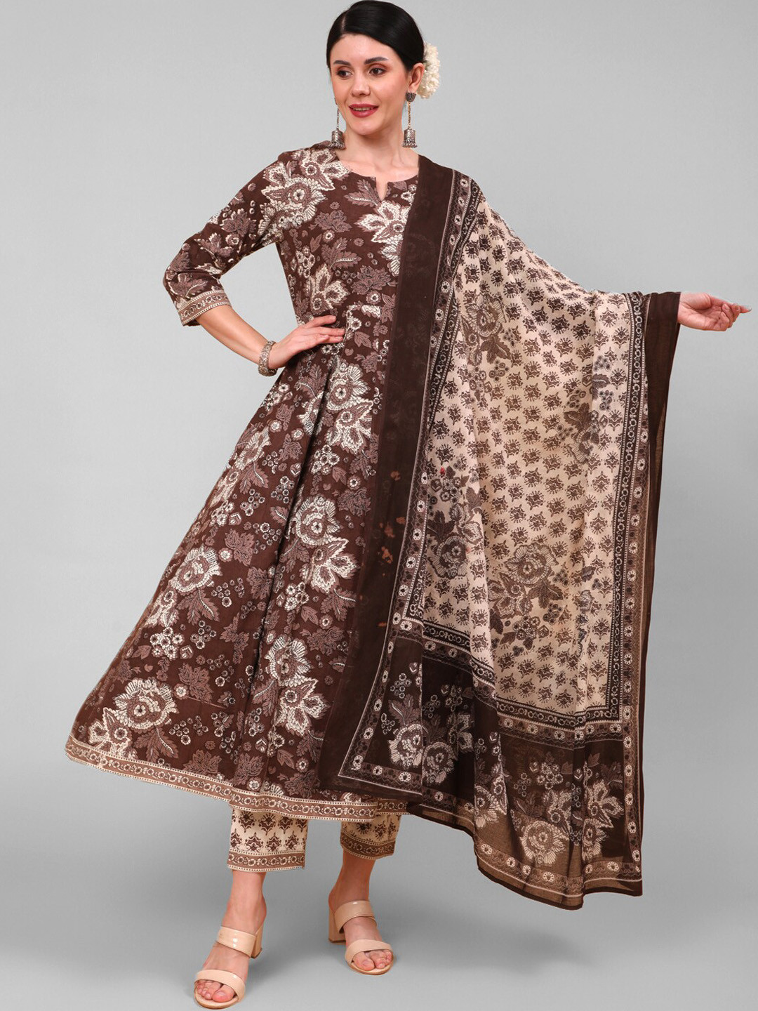 

AADAT Floral Printed Pure Cotton Anarkali Kurta With Palazzos & Dupatta, Brown