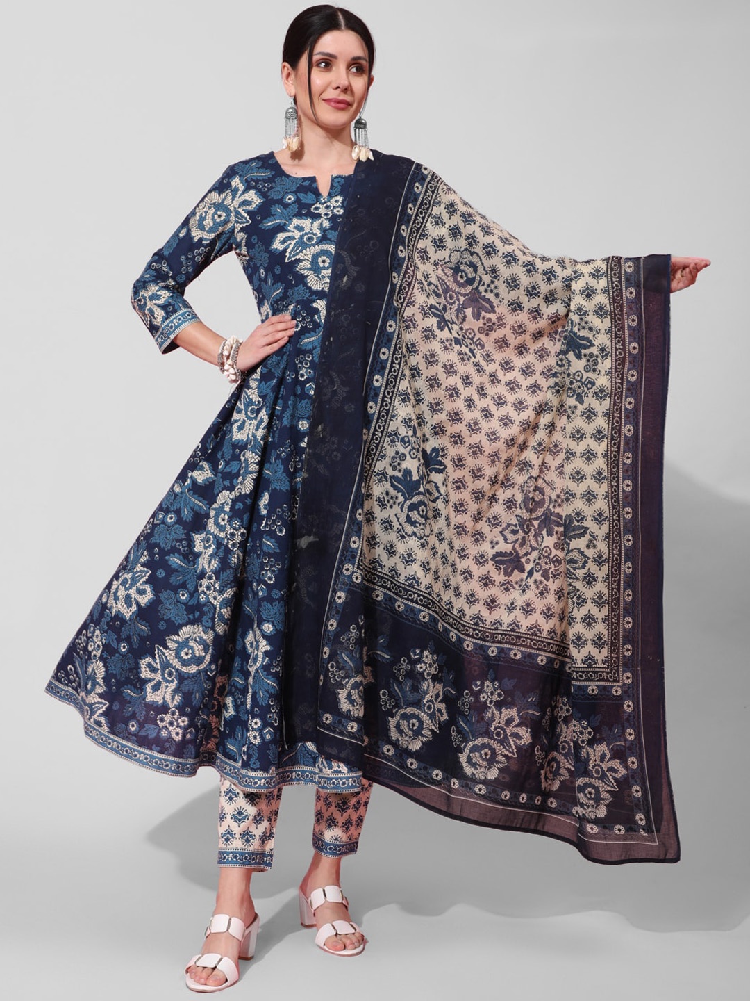 

AADAT Printed Pure Cotton Anarkali Kurta With Palazzos & Dupatta, Blue