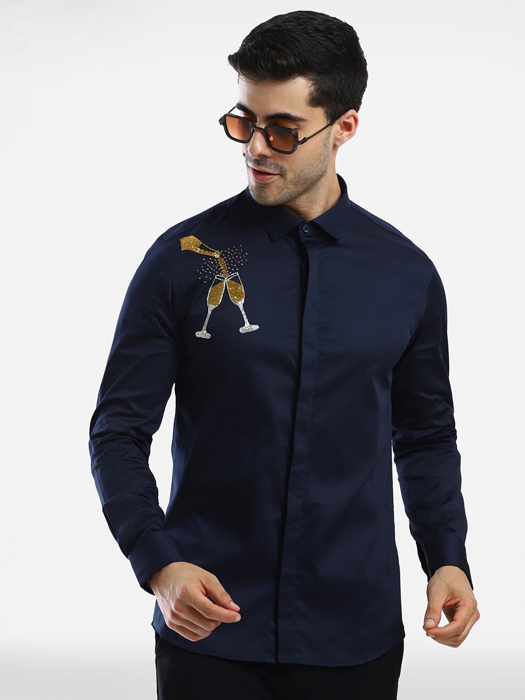 

Komal Kothari India Slim Fit Embellished Cotton Party Shirt, Navy blue