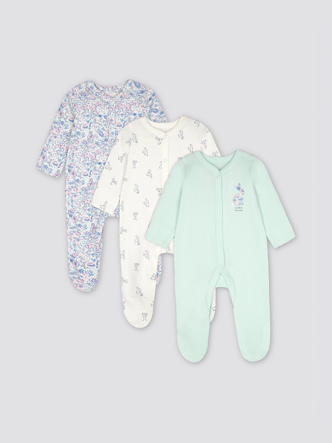 

mothercare Infants Pack Of 3 Printed Pure Cotton Sleepsuits, Blue