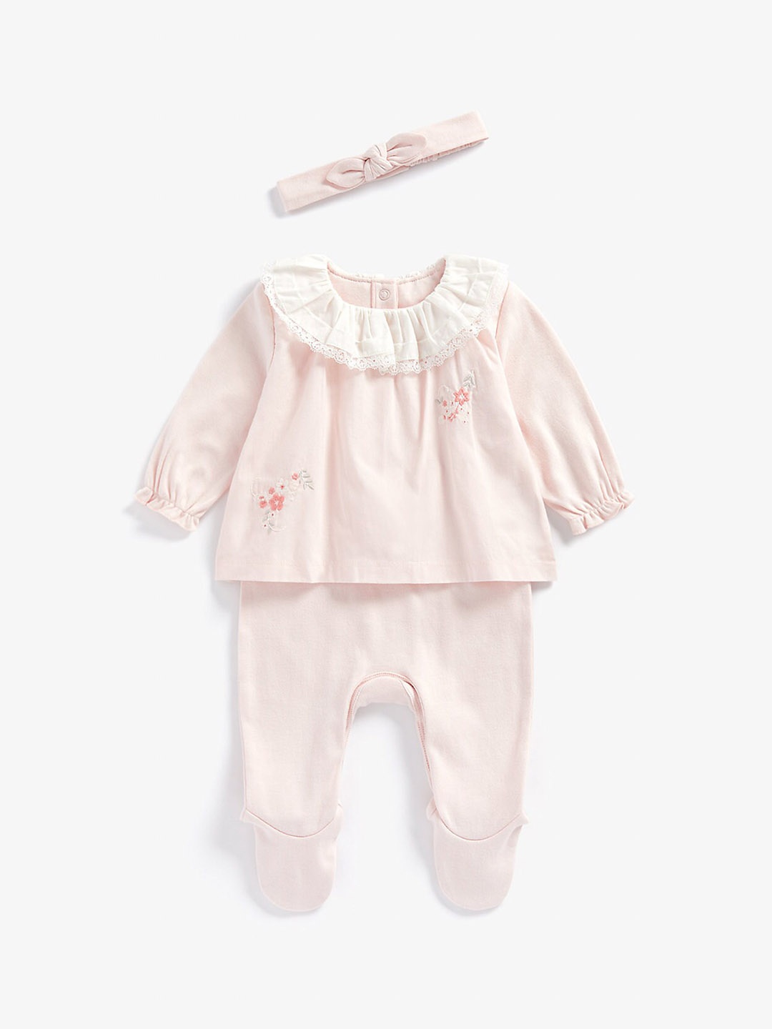 

mothercare Infants Floral Embroidered Pure Cotton Sleepsuit With Headband, Pink