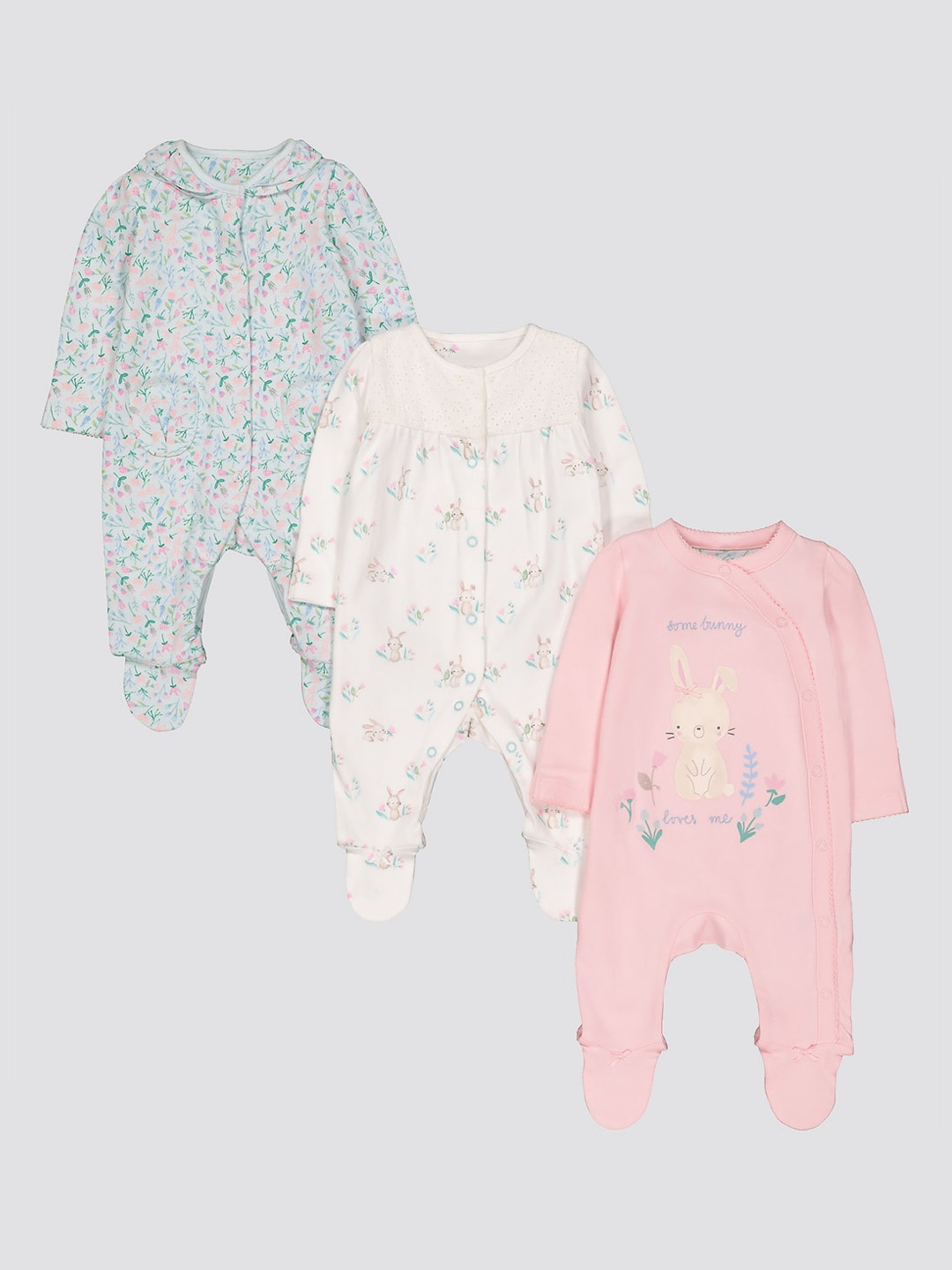 

mothercare Infants Pack Of 3 Printed Pure Cotton Sleepsuits, Blue