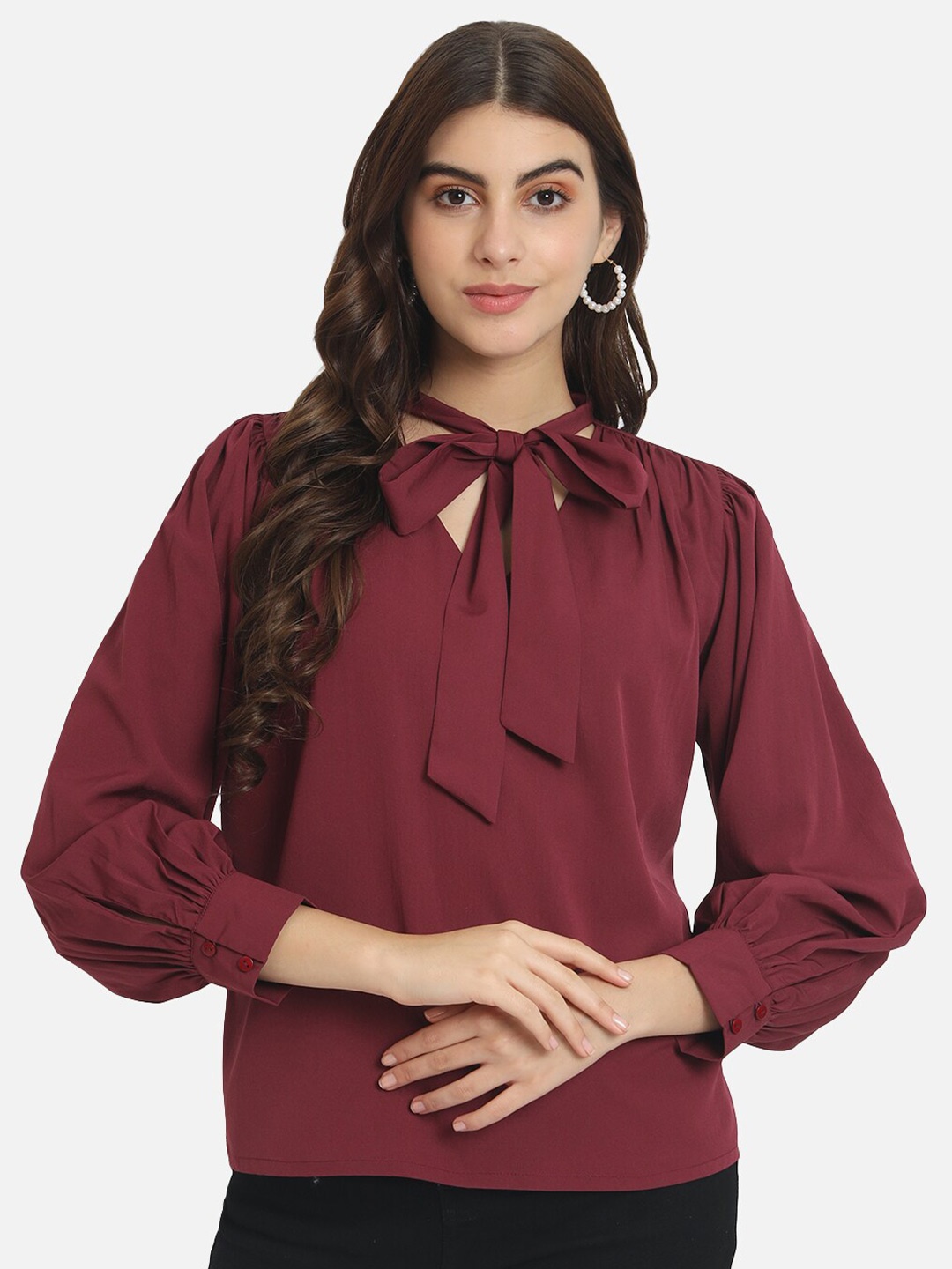 

ALL WAYS YOU Tie Up Neck Regular Top, Maroon