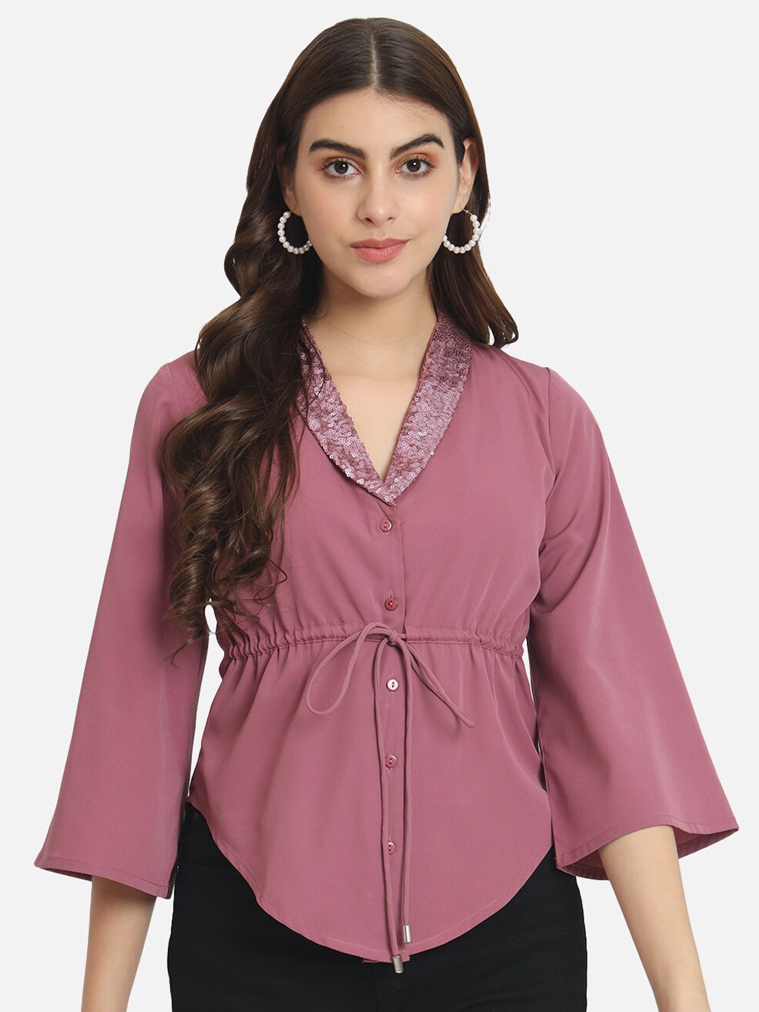 

ALL WAYS YOU V-Neck Flared Sleeves Embellished Detail Cinched Waist Top, Pink