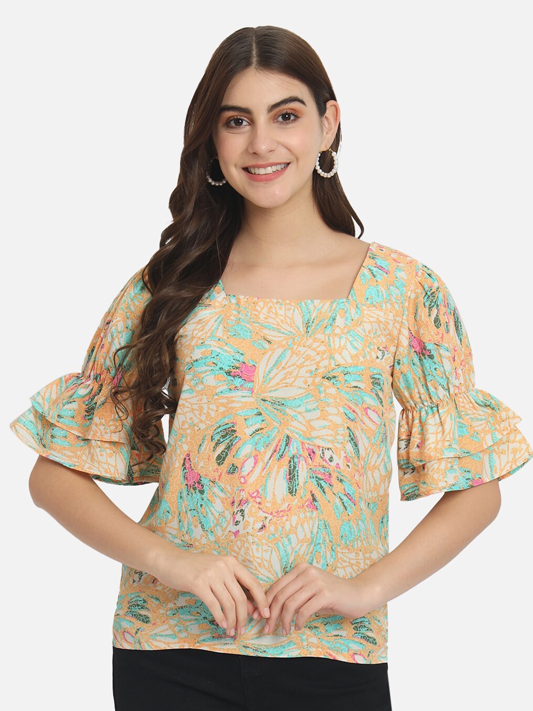 

BAESD Floral Printed Square Neck Bell Sleeves Top, Orange