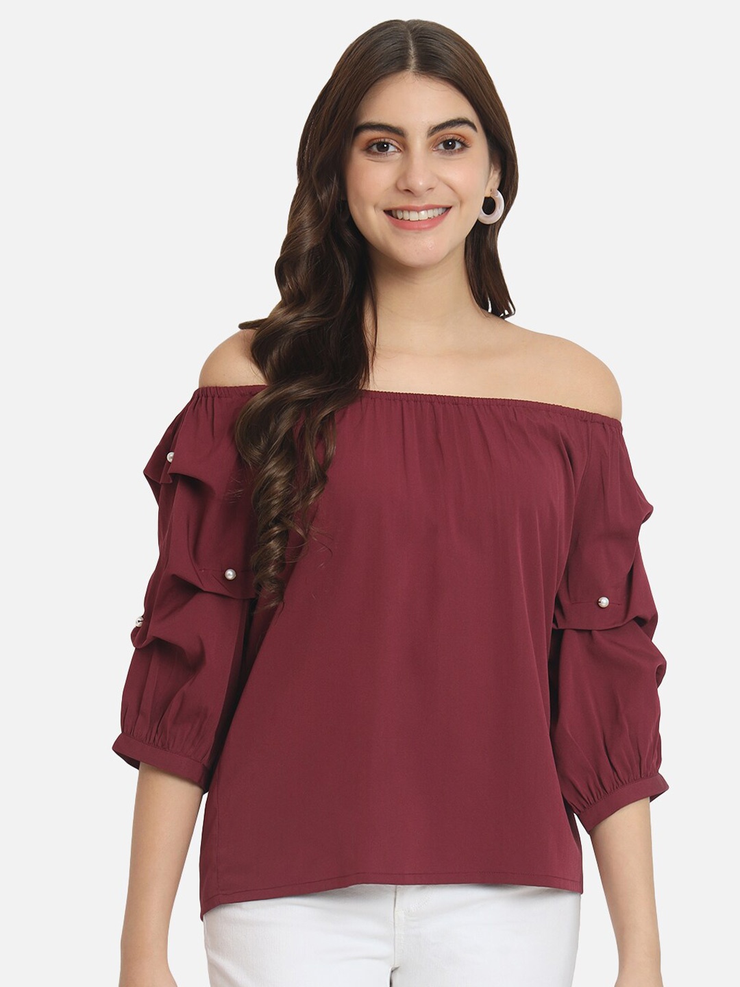 

BAESD Off-Shoulder Puff Sleeves Bardot Top, Maroon