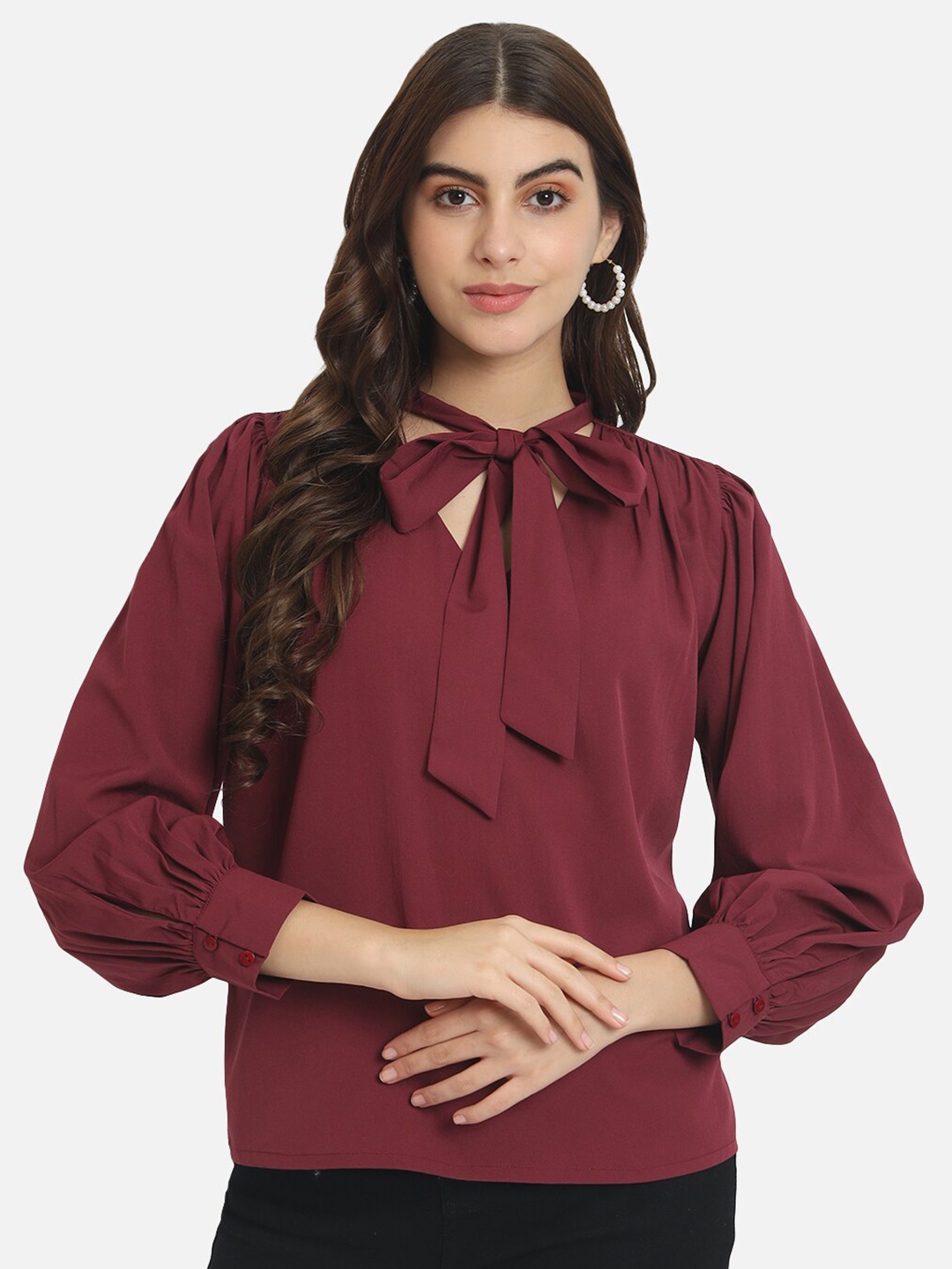 

BAESD Tie-Up Neck Puff Sleeves Gathered Detailed Top, Maroon