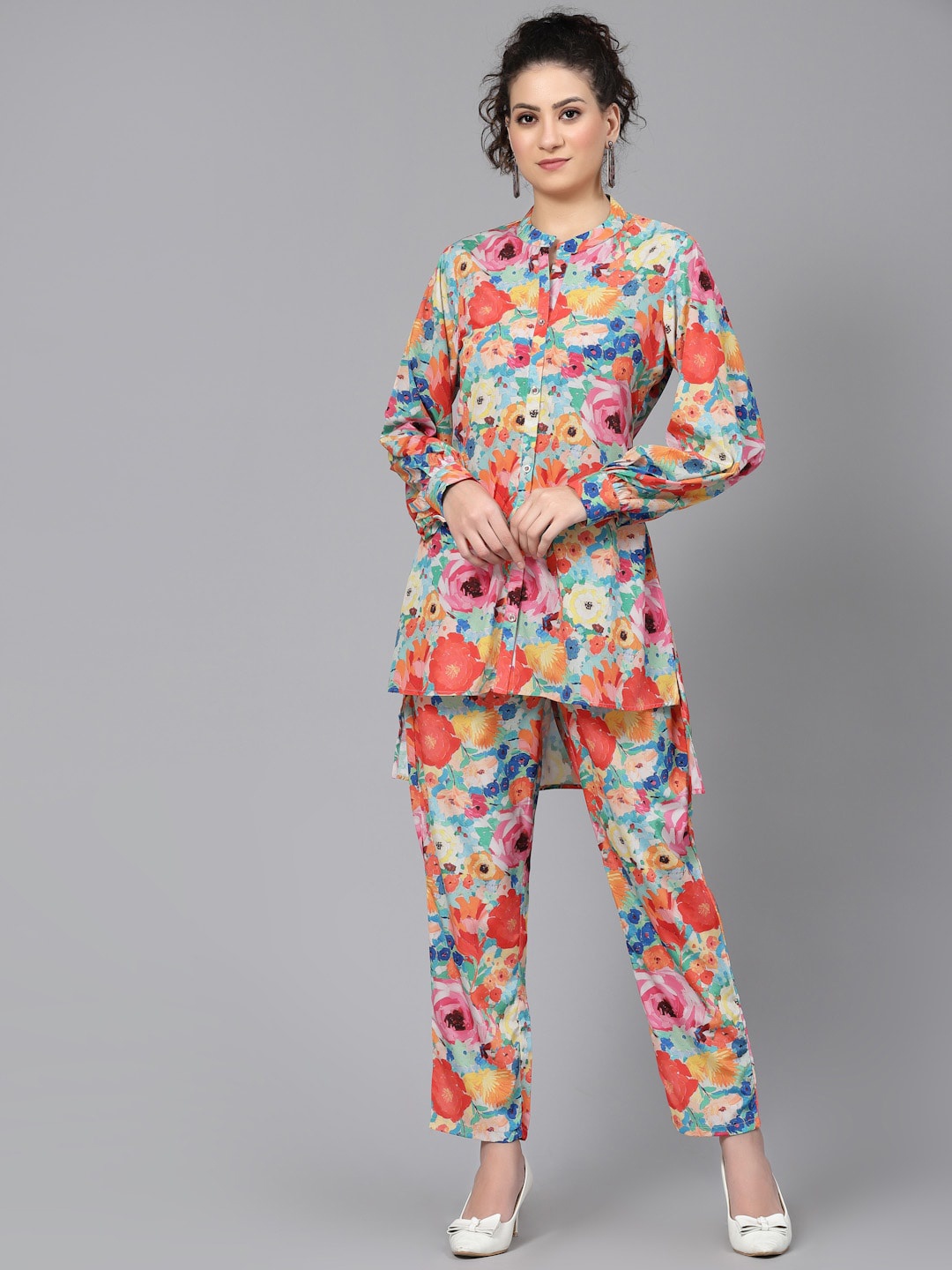 

TANKHI Floral Printed Mandarin Collar Tunic With Trousers Co-Ords, Blue