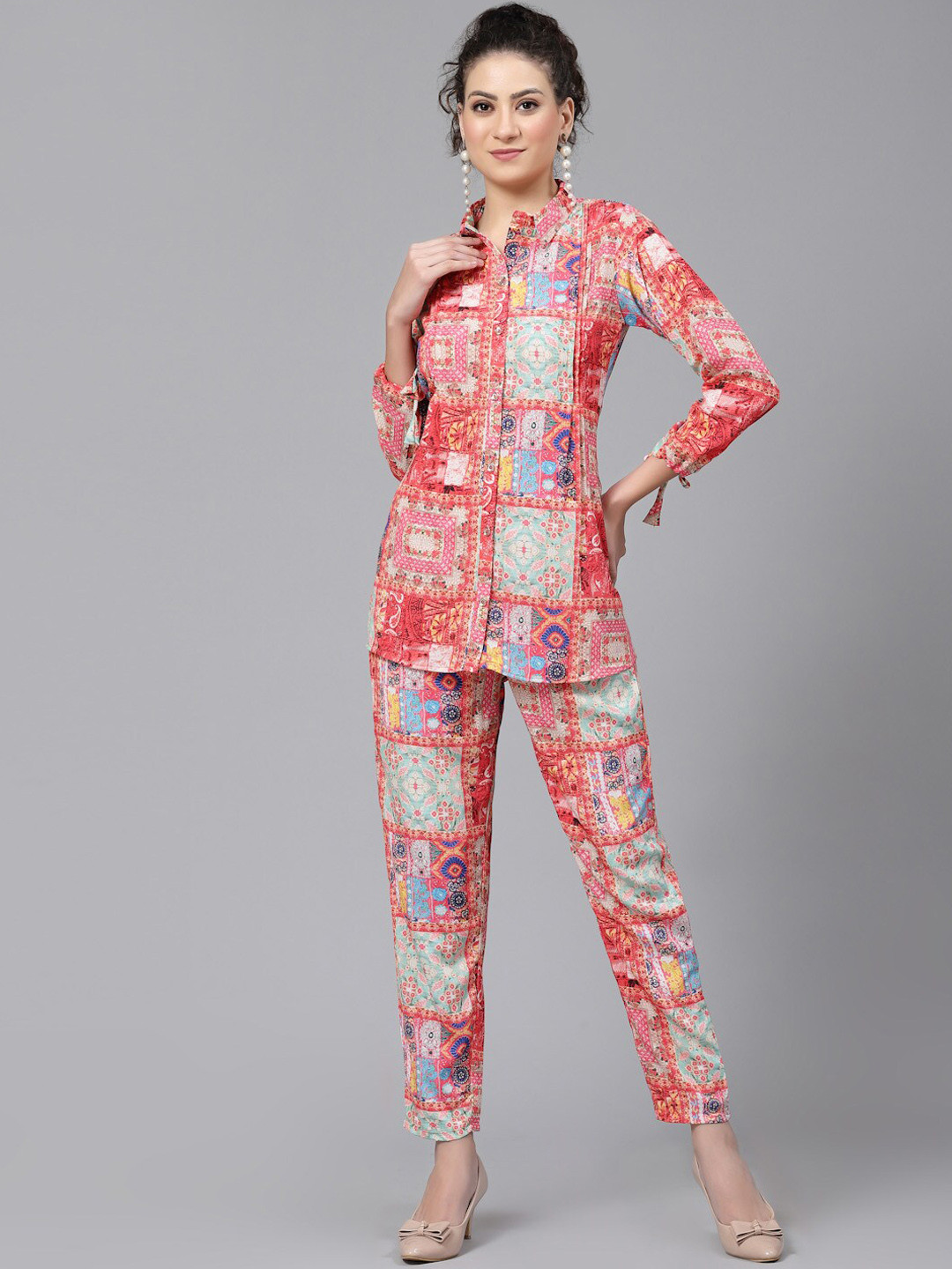 

TANKHI Printed Shirt Collar Neck Shirt & Flared Trouser Co-Ords, Pink