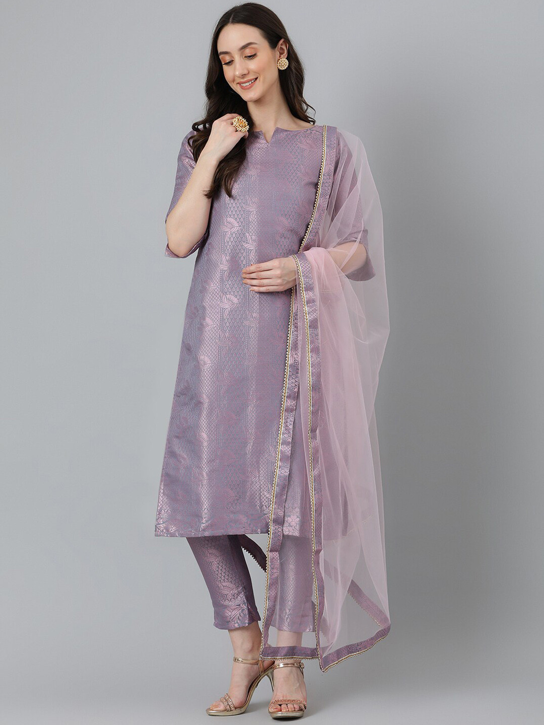 

Vinya Ethnic Motifs Woven Design Kurta with Trousers & With Dupatta, Grey