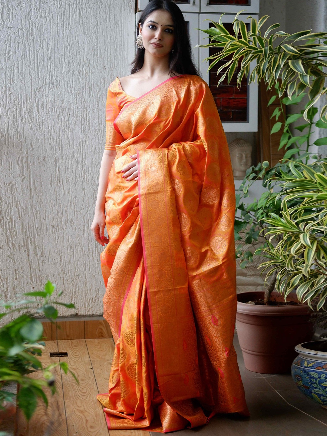 

ALMAARI FASHION Ethnic Motifs Satin Silk Kanjeevaram Saree, Orange