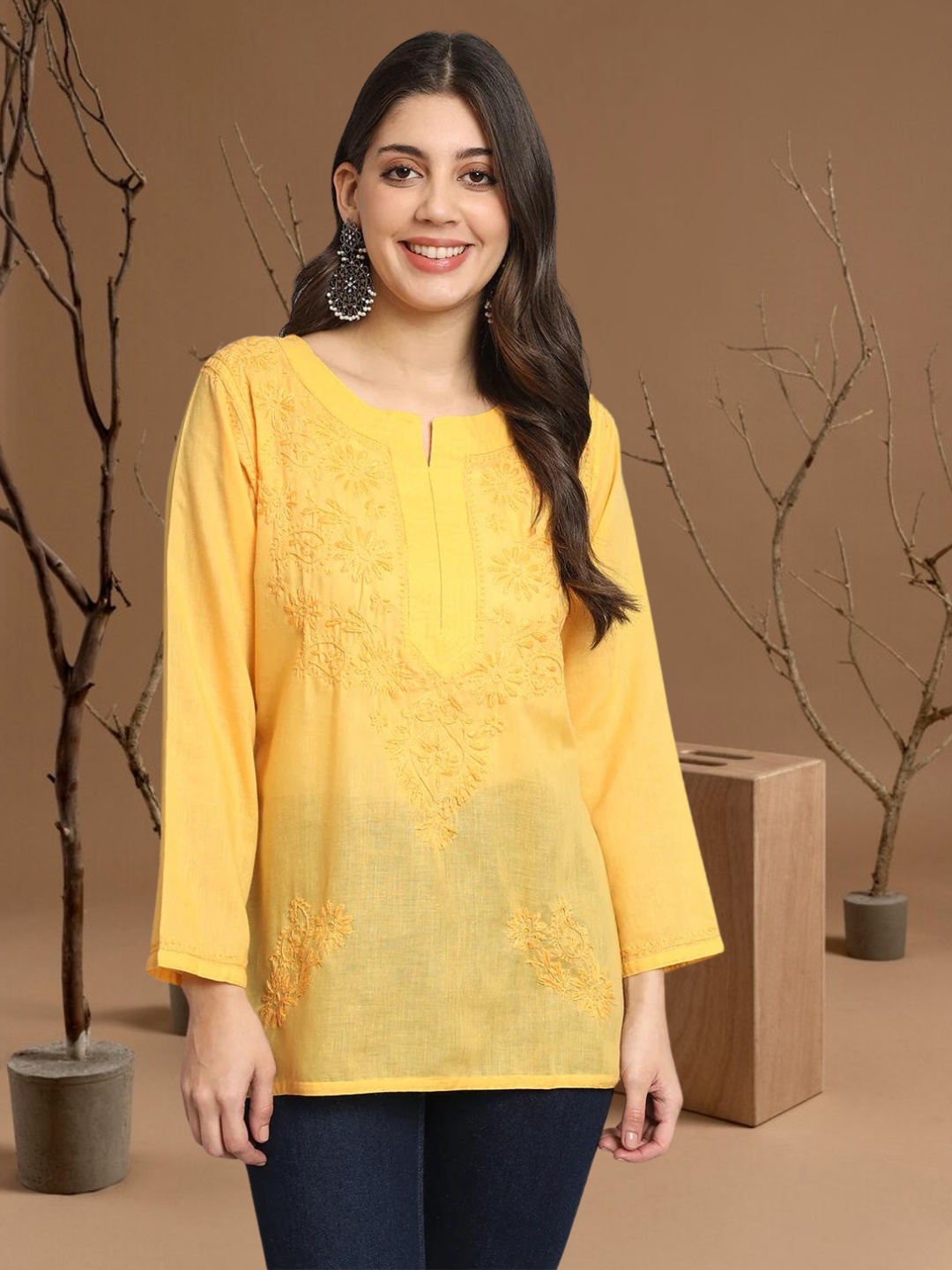 

PARAMOUNT CHIKAN Ethnic Motifs Embroidered Chikankari Cotton Straight Kurti, Yellow