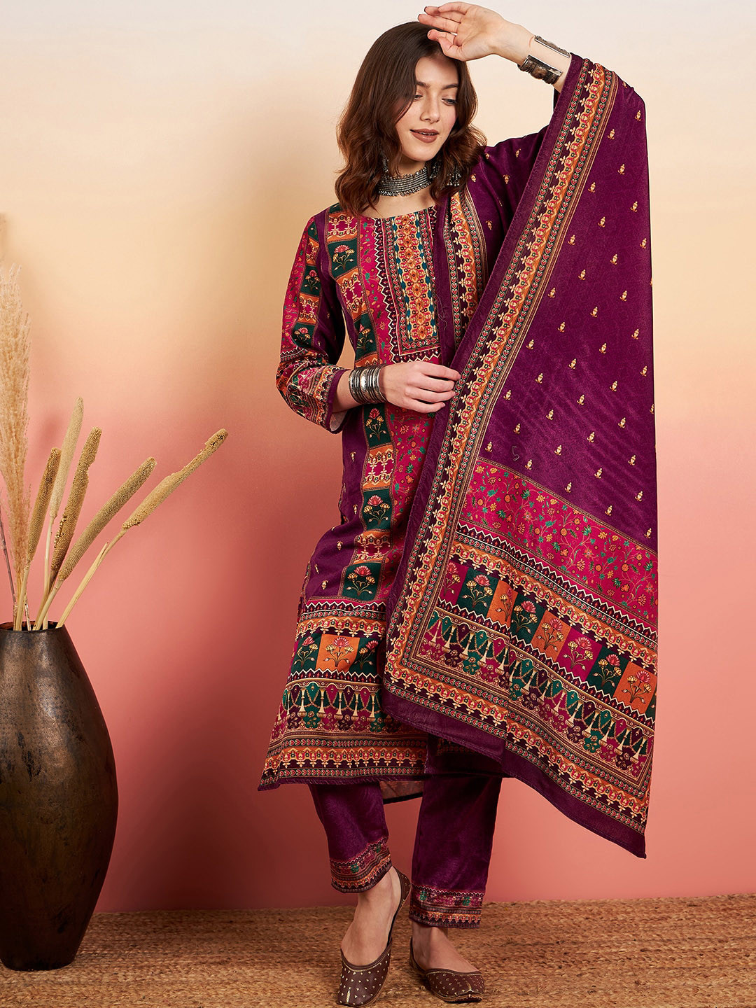 

Sangria Ethnic Motifs Embroidered Velvet Kurta & Trouser With Dupatta, Burgundy