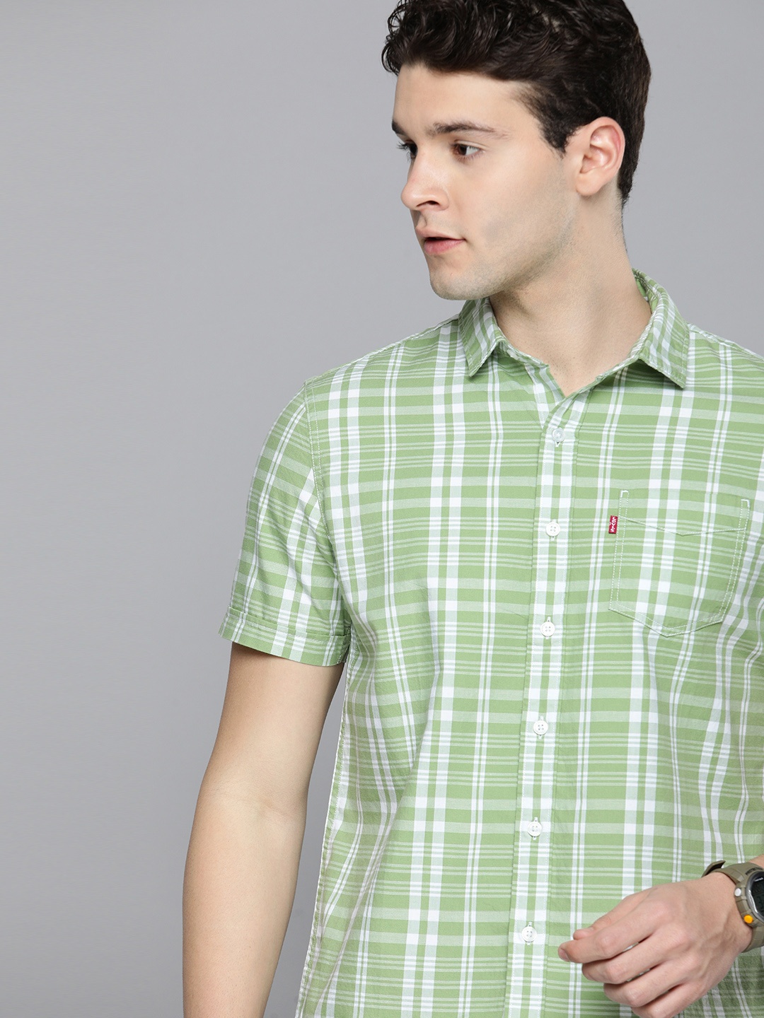 

Levis Pure Cotton Slim Fit Opaque Checked Casual Shirt, Green