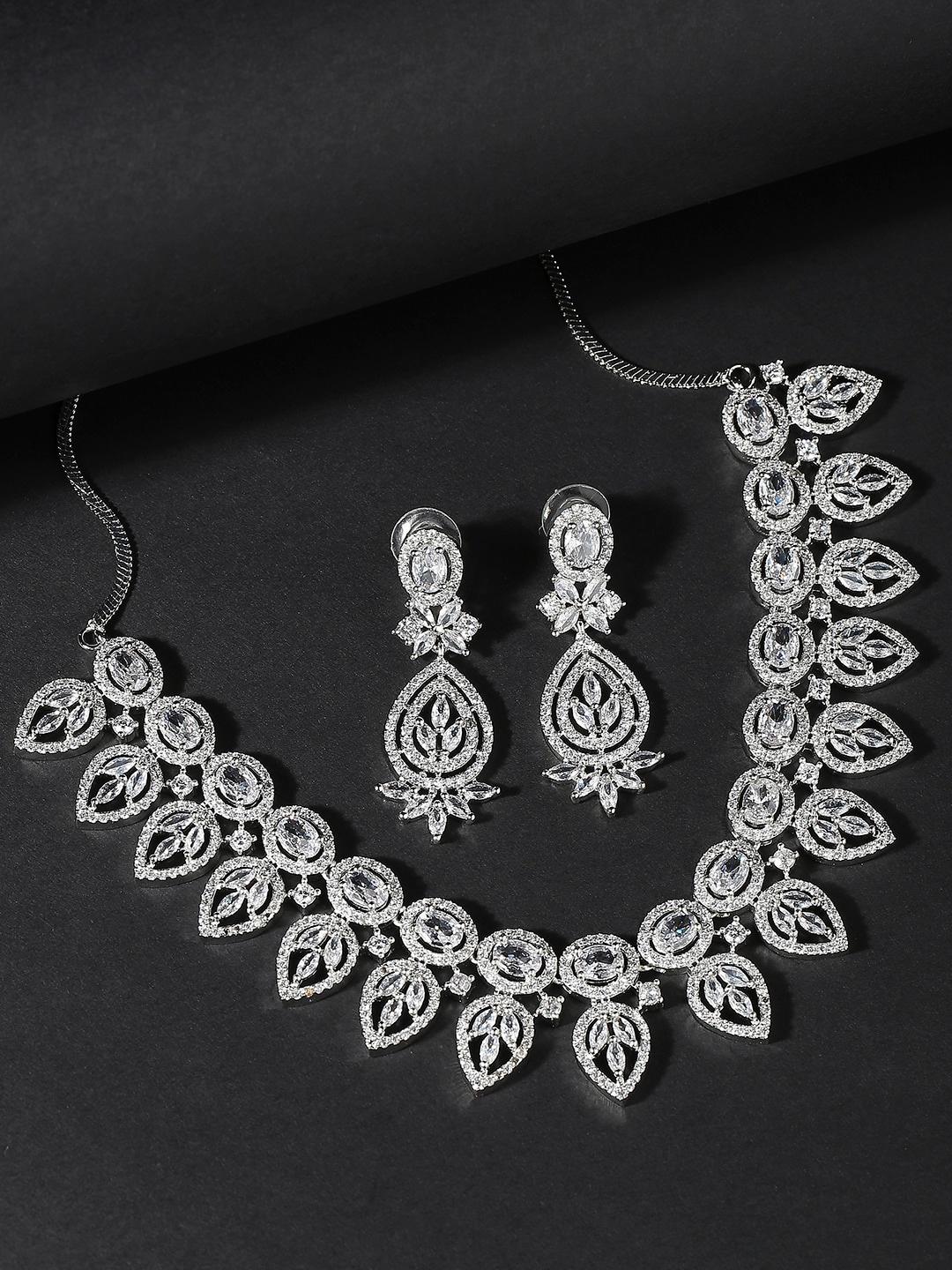 

OOMPH American Diamond Studded Floral Jewellery Set, Silver