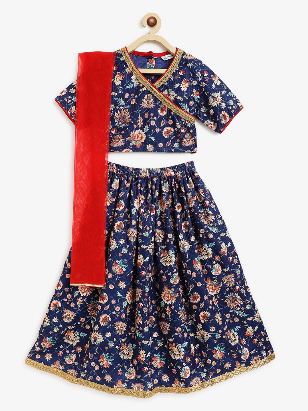 

Campana Girls Floral Printed V-Neck Ready to Wear Lehenga & Blouse With Dupatta, Navy blue