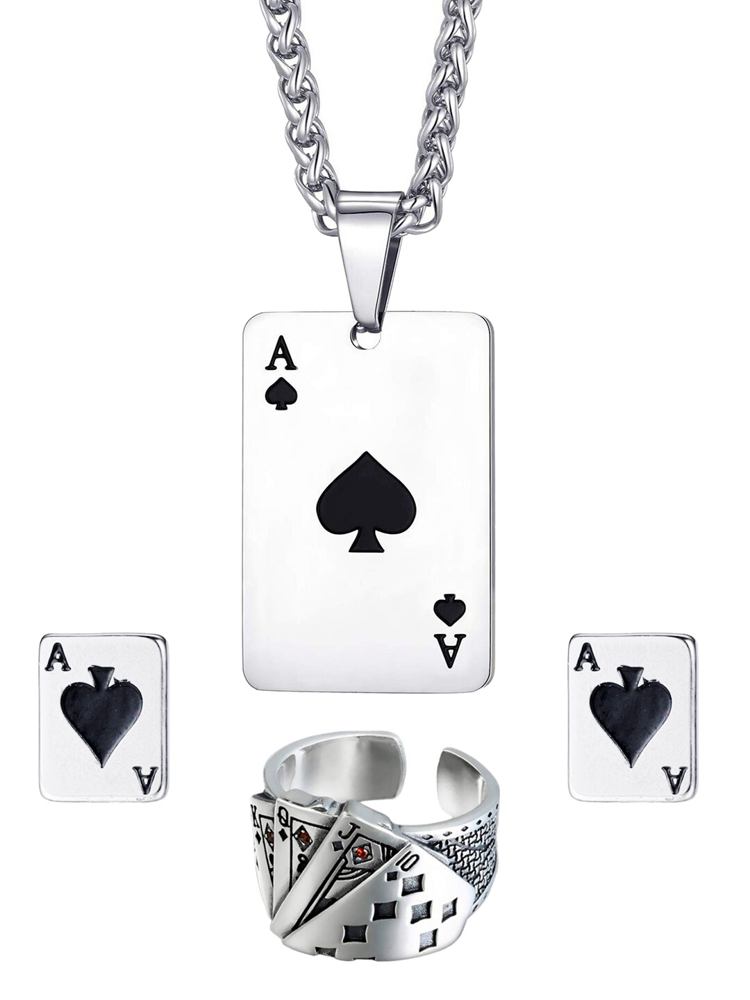 

OOMPH Ace of Spade & Poker Jewellery Set, Silver