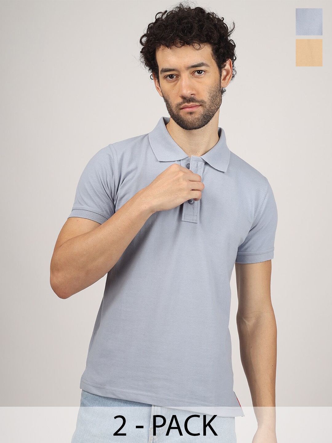 

Greylongg Men Beige & Grey Polo Collar T-shirt