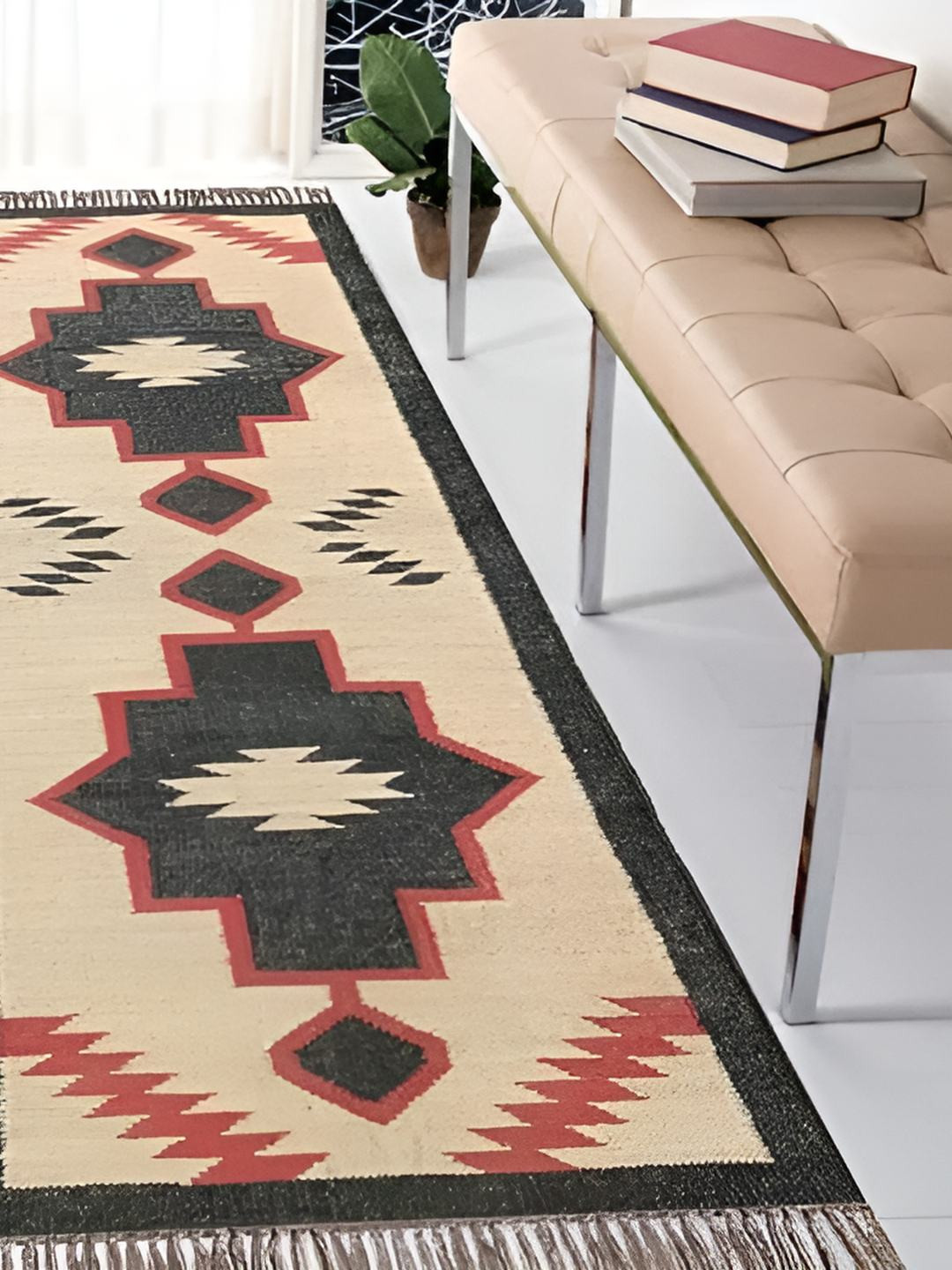 

Budhrajrugs Beige & Black Geometric Woven Rectangular Dhurrie