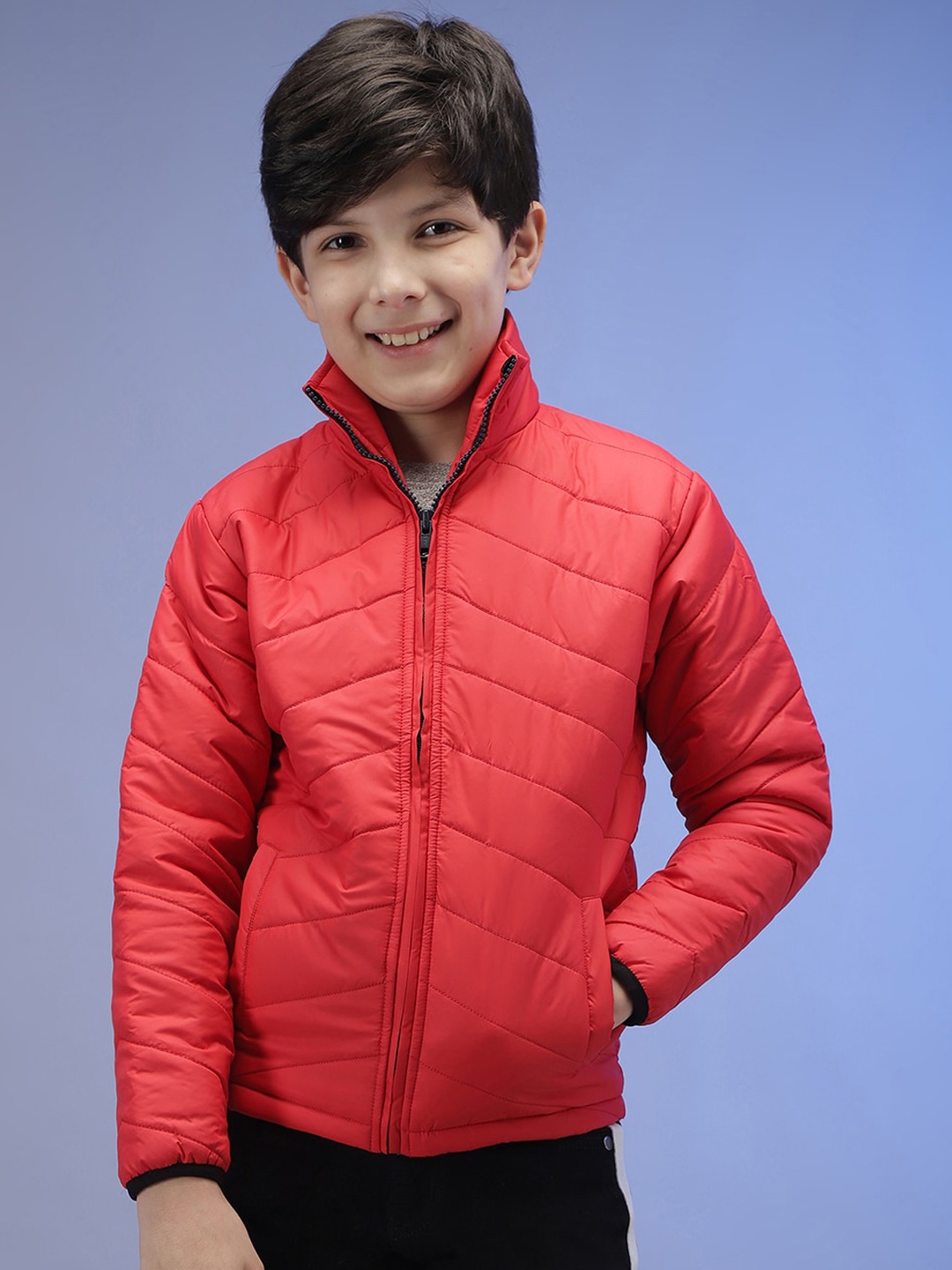 

Instafab Boys Mock Collar Windcheater Quilted Jacket, Red