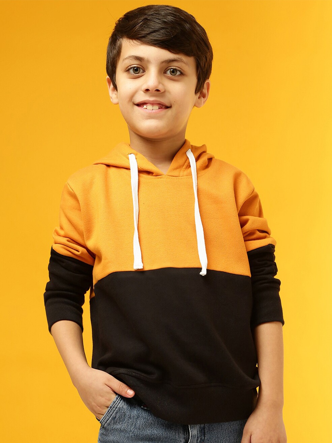 

Instafab Boys Colourblocked Cotton Hood Pullover Sweatshirt, Orange