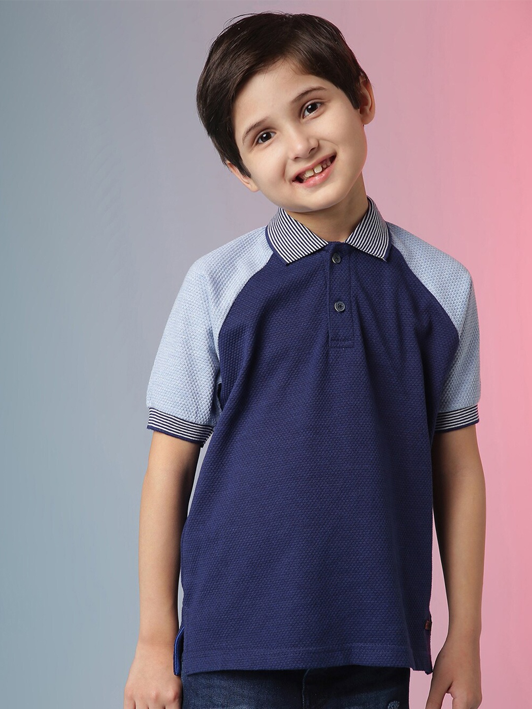 

Instafab Boys Colourblocked Polo Collar Cotton T-shirt, Navy blue