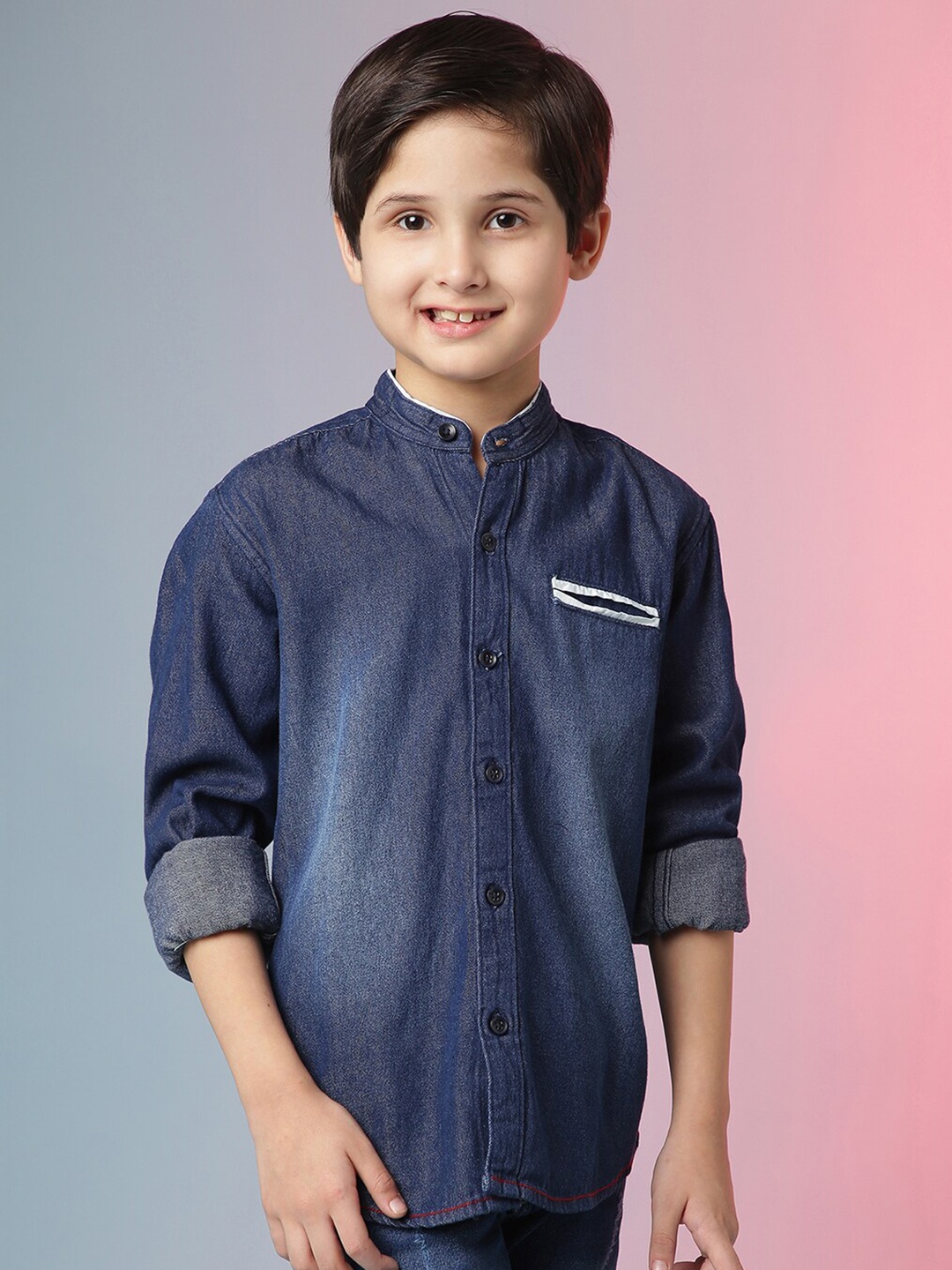 

Instafab Boys Classic Band Collar Long Sleeve Pocket Cotton Casual Shirt, Blue