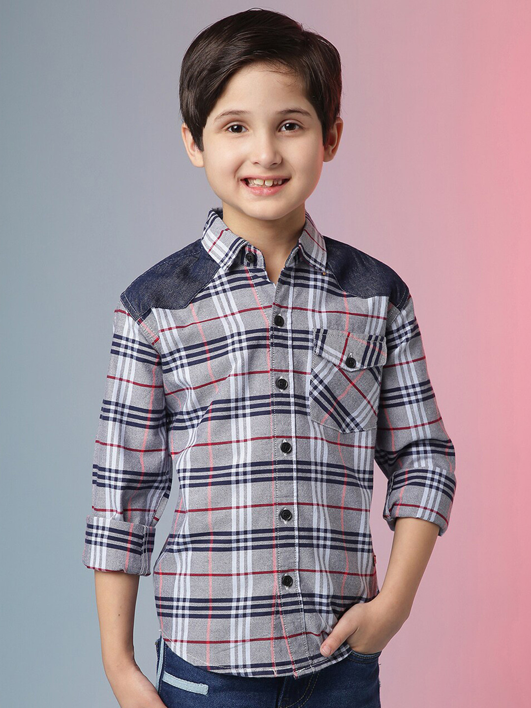 

Instafab Boys Classic Tartan Checks Spread Collar Long Sleeve Cotton Casual Shirt, Grey