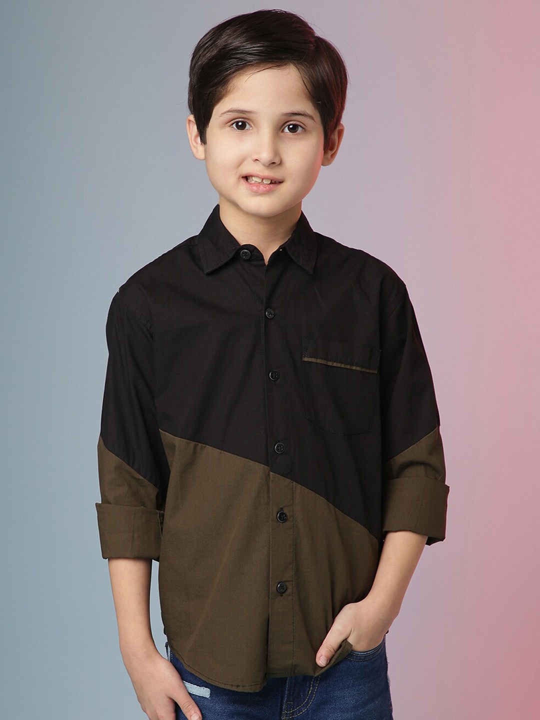 

Instafab Boys Classic Colourblocked Long Sleeve Cotton Casual Shirt, Olive