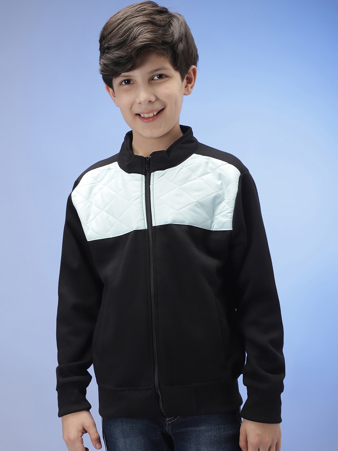 

Instafab Boys Colourblocked Mock Collar Windcheater Cotton Bomber Jacket, Black