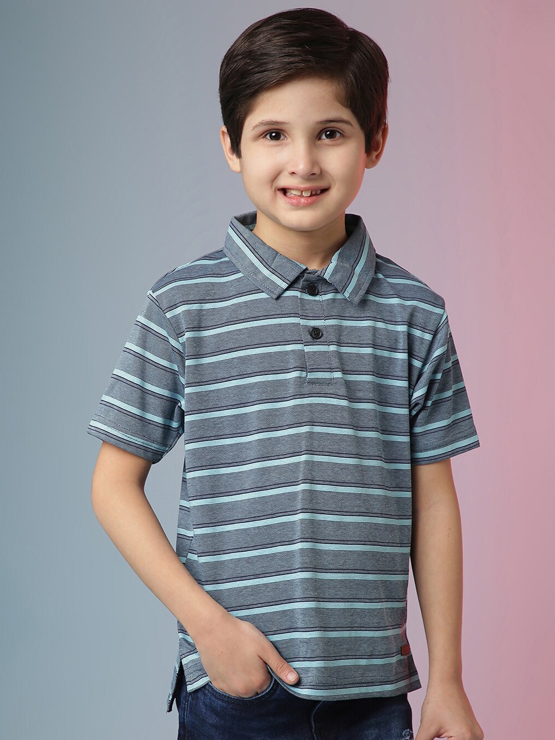 

Instafab Boys Striped Polo Collar Cotton T-shirt, Blue