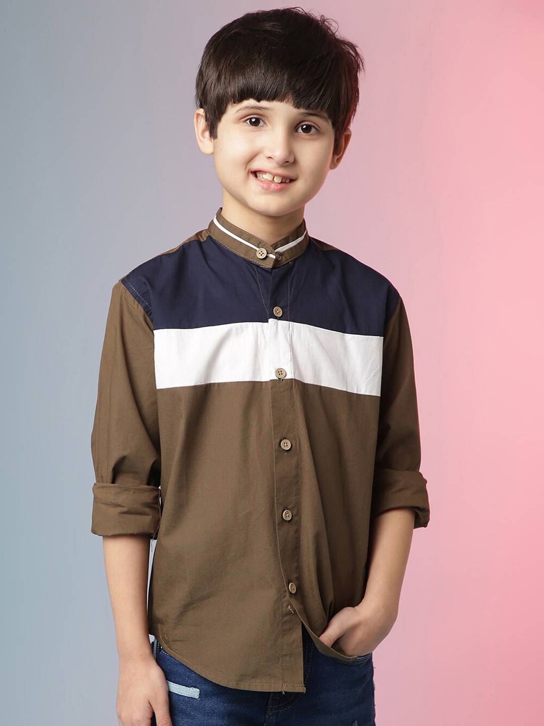 

Instafab Boys Classic Colourblocked Band Collar Long Sleeve Cotton Casual Shirt, Olive