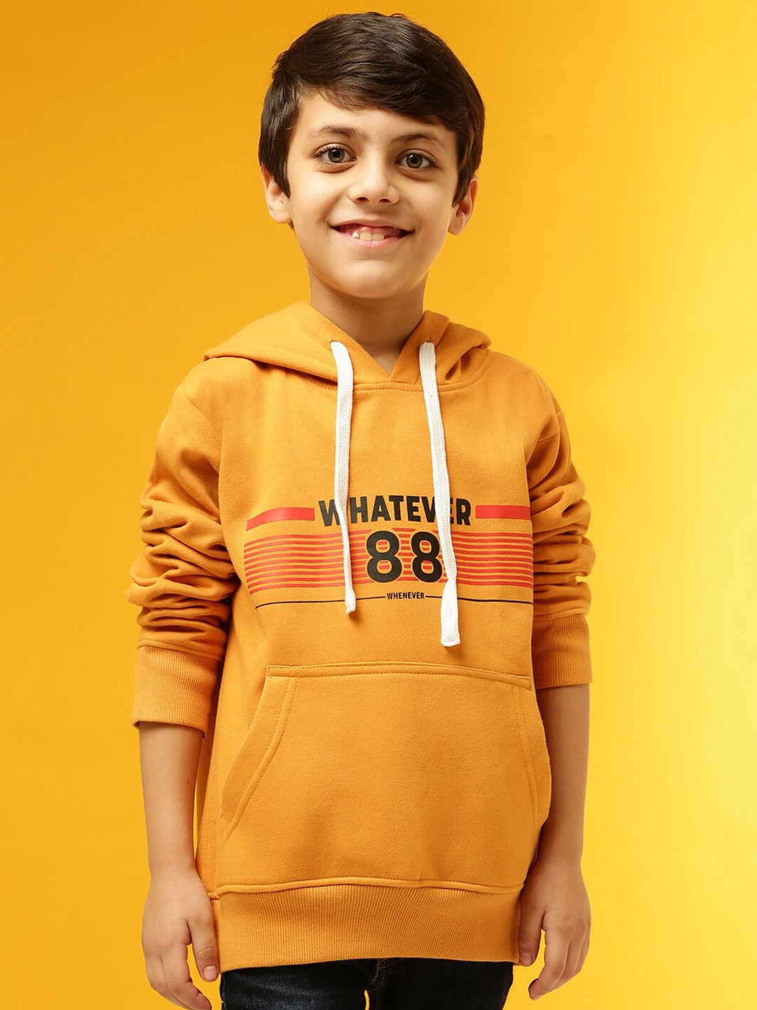 

Instafab Boys Typography Printed Cotton Hood Pullover Sweatshirt, Mustard