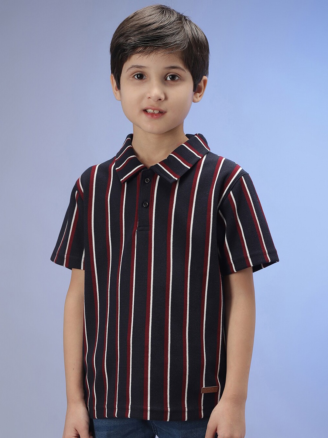 

Instafab Boys Striped Polo Collar Cotton T-shirt, Navy blue