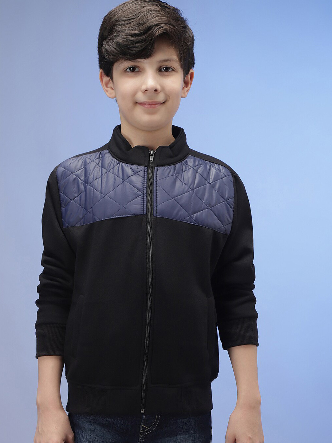 

Instafab Boys Colourblocked Mock Collar Windcheater Cotton Bomber Jacket, Black